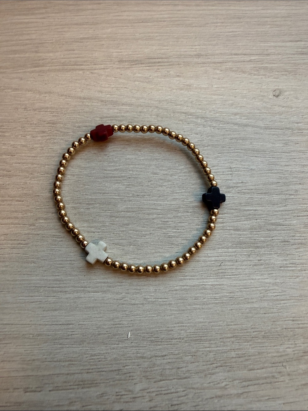 Enewton Gold Beaded Bracelet with Red, Navy and White Cross Charms